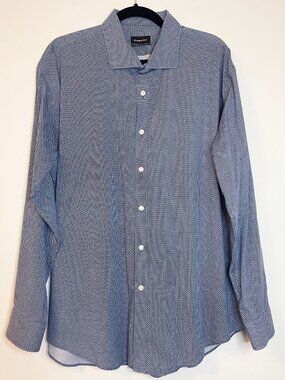 Esquire Men's Blue Geometric Print Dress Shirt 17.5 34/35 Long Sleeve Button